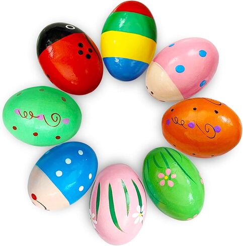 8 PCS Easter Wooden Eggs Shakers Musical Instruments Decorations Percussion Maracas Craft for Kids/Toddlers Hunt Game Gifts Basket Stuffers Fillers Decor in Kuwait