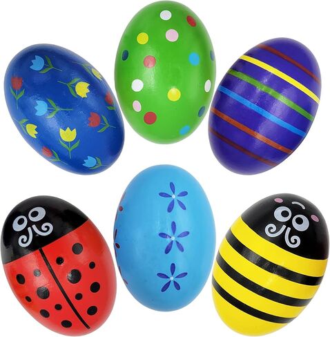 6-Pack Large Smooth Painted Wooden Easter Eggs Shakers with Rattle, Precussion Wooden Egg Shakers Maracas Perfect for Easter Crafts, Décor and Egg Hunts in Carton, 2.7" Inches in Saudi Arabia