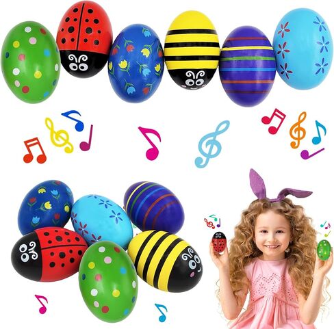 6-Pack Large Smooth Painted Wooden Easter Eggs Shakers with Rattle, Precussion Wooden Egg Shakers Maracas Perfect for Easter Crafts, Décor and Egg Hunts in Carton, 2.7" Inches in Saudi Arabia