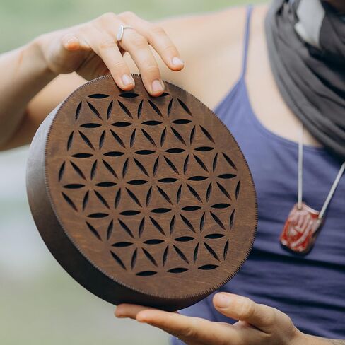 قرص المطر، طبلة محيط خشبية مقاس 8.6 بوصة (22 سم)، أداة شفاء الصوت للتأمل واليوجا والاسترخاء، تصميم زهرة الحياة وتصميم AUM in Kuwait