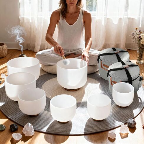 RYAN DVAN 432Hz 7-12 inch Crystal Singing Bowl Set of 7 with Free Carrying Case, Frosted Quartz Sound Bowls for Chakra Healing, Meditation,Yoga,Sound Therapy,Mindfulness,Relaxation & Stress Relief in Kuwait