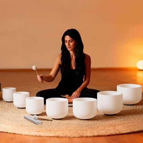 RYAN DVAN 432Hz 7-12 inch Crystal Singing Bowl Set of 7 with Free Carrying Case, Frosted Quartz Sound Bowls for Chakra Healing, Meditation,Yoga,Sound Therapy,Mindfulness,Relaxation & Stress Relief in Kuwait