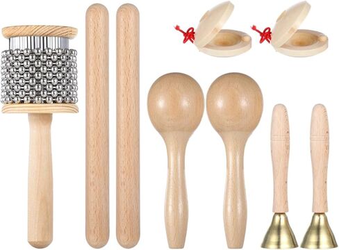 مجموعة أدوات موسيقية كلاسيكية مكونة من 9 قطع، مجموعة أدوات قرع يدوية خشبية، تتميز بأجراس بمقبض وعصي إيقاعية وماراكاس وصنجات وكاباسا خشبية in Kuwait