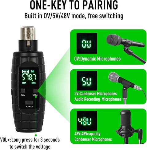 نظام ميكروفون لاسلكي UHF، محول XLR لجهاز الإرسال والاستقبال للميكروفونات الديناميكية، والجيتار، والخلاط، ونظام PA، وأجهزة الإرسال والاستقبال (1 استقبال + 1 إرسال) in Kuwait