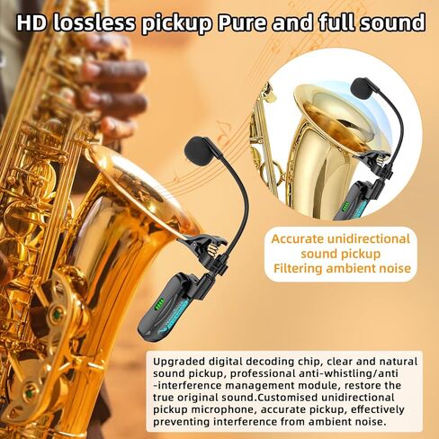 نظام ميكروفون الساكسفون اللاسلكي، ميكروفون بمشبك لفلوت الترومبون الساكسفون، التقاط أحادي الاتجاه برقبة الإوزة، مشبك قابل للتعديل 360 درجة، بطارية طويلة الكمون منخفضة للأداء in Kuwait