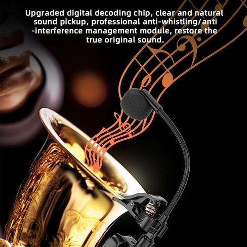 نظام ميكروفون الساكسفون اللاسلكي، ميكروفون بمشبك لفلوت الترومبون الساكسفون، التقاط أحادي الاتجاه برقبة الإوزة، مشبك قابل للتعديل 360 درجة، بطارية طويلة الكمون منخفضة للأداء in Kuwait