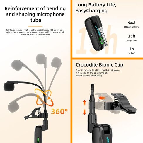 نظام ميكروفون الساكسفون اللاسلكي، ميكروفون بمشبك لفلوت الترومبون الساكسفون، التقاط أحادي الاتجاه برقبة الإوزة، مشبك قابل للتعديل 360 درجة، بطارية طويلة الكمون منخفضة للأداء in Kuwait