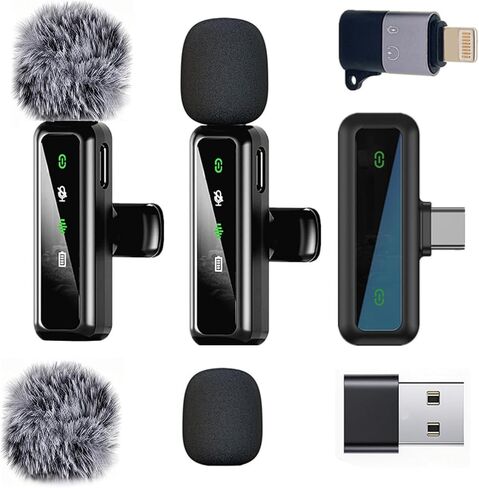 ميكروفون لافالير لاسلكي لهواتف iPhone - iPad، كمبيوتر هاتف Android، ميكروفون صغير للبث المباشر، تسجيل الفيديو، المقابلات الخارجية أو الداخلية، YouTube، TikTok، Vlog (أسود) in Kuwait