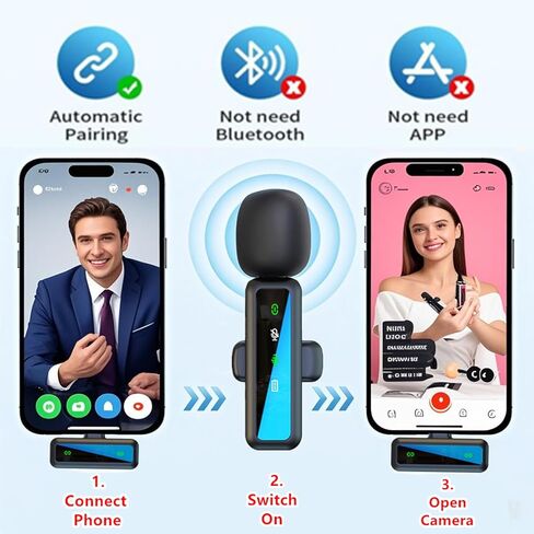 Wireless Lavalier Microphone for iPhone - iPad, Android Phone Computer, Mini Microphone for Live Streaming, Video Recording, Outdoor or Indoor Interviews, YouTube, TikTok, Vlog (black) in Kuwait