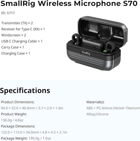 SMALLRIG Wireless Mic S70-C2 (2 TX + 1 RX + Charging Case), USB-C Compact Wireless Microphone for Android Phone/Action Camera, 48h Use, Noise Reduction Record for Vlog (Black) in Kuwait