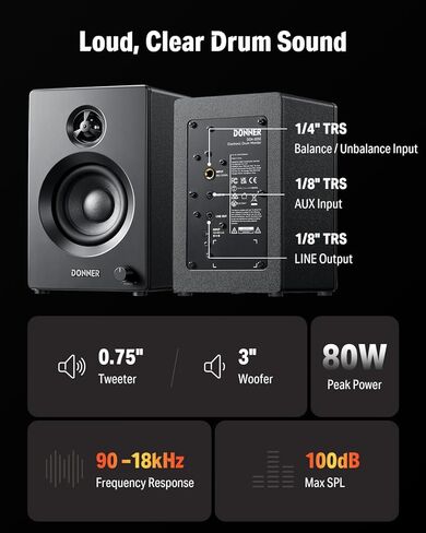 Donner Electric Drum Amplifier 20Watt, Wireless Bluetooth Electronic Drum Amp with 3" and 0.75" Dual Drivers, Mini Rack-Mountable Monitor Speaker DDA-20SE 80W Peak, Portable for Home Practice in Saudi Arabia