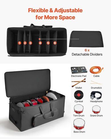 VEVOR Electronic Drum Kit Bag, 600D, Padded Drum Bag with Wheels, Large 36.2 x 16.5 x 16.1 in Interior, Lightweight Travel Case with Detachable Dividers, Multiple Pockets, for Electric Drums, Black in Kuwait