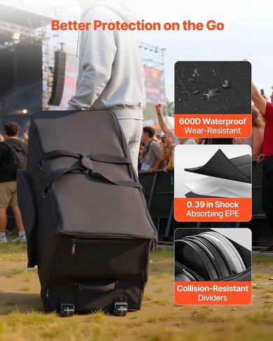 VEVOR Electronic Drum Kit Bag, 600D, Padded Drum Bag with Wheels, Large 36.2 x 16.5 x 16.1 in Interior, Lightweight Travel Case with Detachable Dividers, Multiple Pockets, for Electric Drums, Black in Kuwait