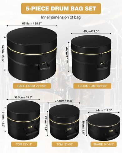 5-Piece Drum Case Set - Padded Drum Bags for 22" Kick, 12"/13"/16" Toms & 14" Snare Lightweight drum carrying cases for drummers, ideal for gig transport & long-term storage, protects standard kit in Kuwait