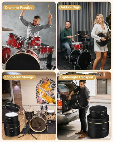 5-Piece Drum Case Set - Padded Drum Bags for 22" Kick, 12"/13"/16" Toms & 14" Snare Lightweight drum carrying cases for drummers, ideal for gig transport & long-term storage, protects standard kit in Kuwait