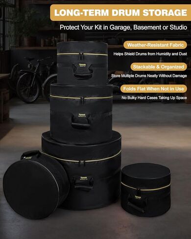 5-Piece Drum Case Set - Padded Drum Bags for 22" Kick, 12"/13"/16" Toms & 14" Snare Lightweight drum carrying cases for drummers, ideal for gig transport & long-term storage, protects standard kit in Kuwait