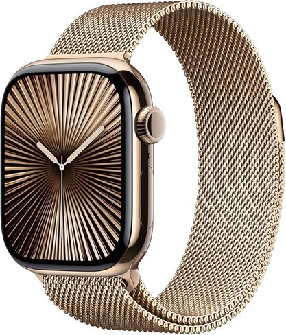 Apple Watch Series 10 [GPS + Cellular ، 42mm] - حالة التيتانيوم الذهبية مع حلقة ميلانو الذهب ، M/L ، M/L (متجدد) in Saudi Arabia