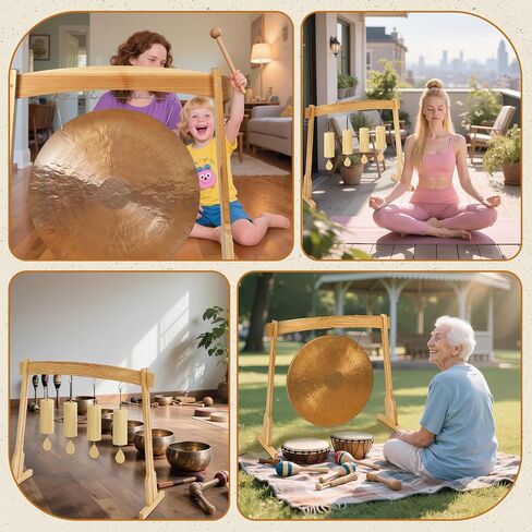 14" Gong Stand Wood Wind Chimes Stand with Base for 1 Gong or 4 Chimes, Portable Multipurpose Easy Assembly, about 25 x 24 x 12 Inches, for Sound Healing, Meditation, Yoga in Saudi Arabia