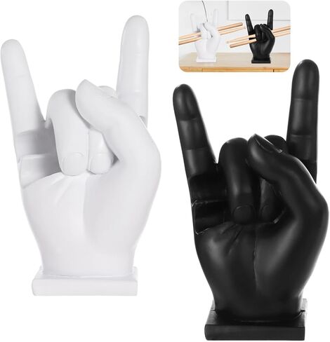 Drumstick Display Stand, 2-Piece Set, Rock Hand Design, Resin, Black & White, Gift For Drummers in Kuwait