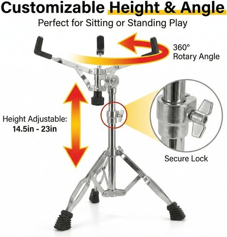 حامل طبل Snare مع حقيبة حامل عصا الطبل السوداء، حامل ثلاثي القوائم مزدوج قابل للتعديل يناسب طبول Snare مقاس 12-14 بوصة ومنصات التدريب، قاعدة أجهزة فضية خفيفة الوزن (ارتفاع 17 بوصة - 26 بوصة) للمبتدئين in Kuwait