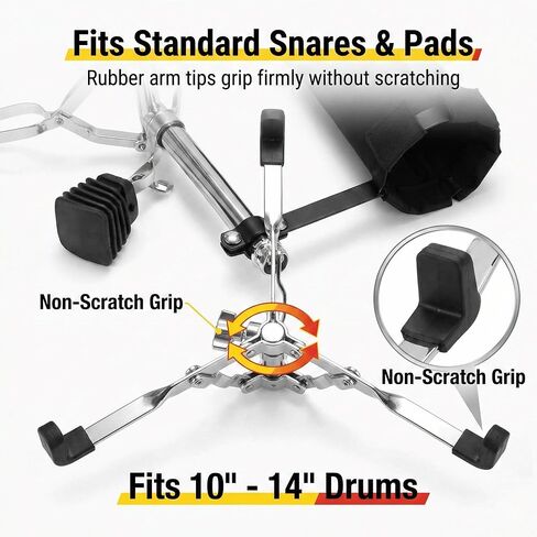حامل طبل Snare مع حقيبة حامل عصا الطبل السوداء، حامل ثلاثي القوائم مزدوج قابل للتعديل يناسب طبول Snare مقاس 12-14 بوصة ومنصات التدريب، قاعدة أجهزة فضية خفيفة الوزن (ارتفاع 17 بوصة - 26 بوصة) للمبتدئين in Kuwait