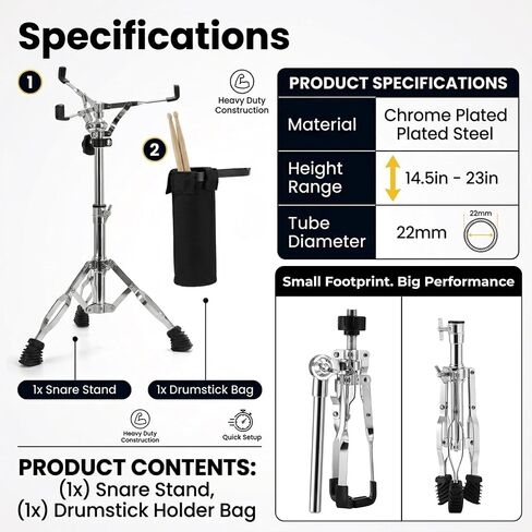 حامل طبل Snare مع حقيبة حامل عصا الطبل السوداء، حامل ثلاثي القوائم مزدوج قابل للتعديل يناسب طبول Snare مقاس 12-14 بوصة ومنصات التدريب، قاعدة أجهزة فضية خفيفة الوزن (ارتفاع 17 بوصة - 26 بوصة) للمبتدئين in Kuwait