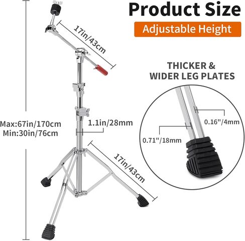 حامل صنج عالي التحمل، 2 في 1 ذراع قابل للتحويل/حامل مستقيم، أجهزة طبلة قابلة للتعديل بارتفاع مطور مع أرجل مزدوجة مثبتة لركوب ثقيل، صنج التصادم والرذاذ in Kuwait