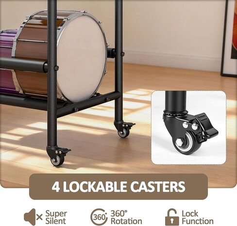 yeshine Two-Tier Snare Drum Holder, Heavy Duty Metal Snares Stand, Rolling Snare Drum Display Rack with Locking Casters, Drums Storage Rack with Foam Pad for Home, Studio, Music Store in Kuwait