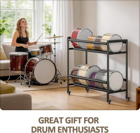 yeshine Two-Tier Snare Drum Holder, Heavy Duty Metal Snares Stand, Rolling Snare Drum Display Rack with Locking Casters, Drums Storage Rack with Foam Pad for Home, Studio, Music Store in Kuwait