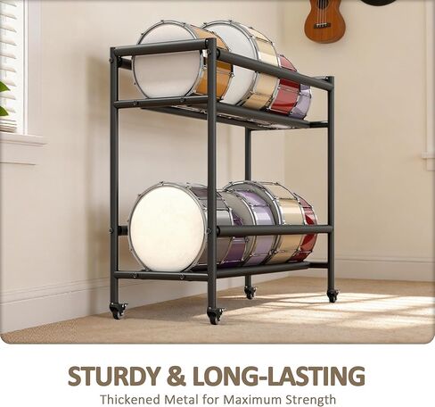yeshine Two-Tier Snare Drum Holder, Heavy Duty Metal Snares Stand, Rolling Snare Drum Display Rack with Locking Casters, Drums Storage Rack with Foam Pad for Home, Studio, Music Store in Kuwait