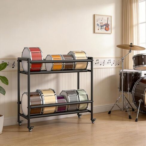 yeshine Two-Tier Snare Drum Holder, Heavy Duty Metal Snares Stand, Rolling Snare Drum Display Rack with Locking Casters, Drums Storage Rack with Foam Pad for Home, Studio, Music Store in Kuwait