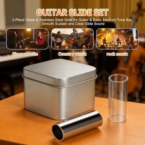 Guitar Slide Set – 2-Piece Glass & Stainless Steel Slide for Guitar & Bass, Medium Tone Bar, Smooth Sustain and Clear Slide Sound in Kuwait