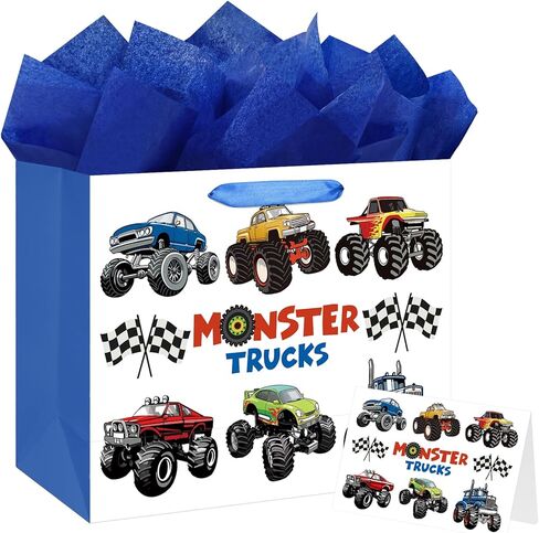 13" Large Happy Birthday Gift Bag with Tissue Paper and Card for Kids Baby Boys Birthday (Monster Trucks Design) in Kuwait