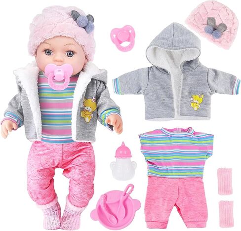 دمية طفل 12 بوصة - 12 "دمية طفل نابضة بالحياة مع ملابس من 3 قطع ، 4 ملحقات ومسرحيات تغذية - خدين وردية واقعية وعيون زرقاء ، للأطفال in Kuwait