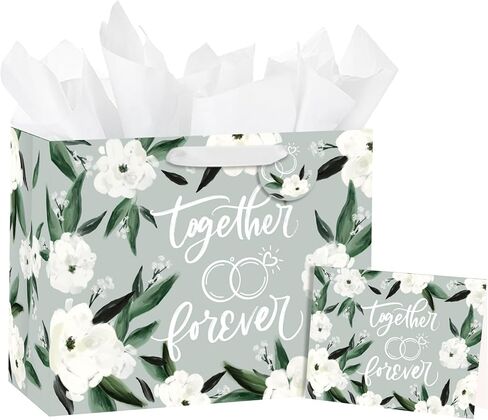 Loveinside Wedding Gift Bag - Floral and Always & Forever Text Design with Tissue Paper, Greeting Card and Tag for Wedding, Anniversary and Party - 13" x 5" x 10", 1 Pcs in Saudi Arabia