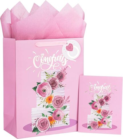 Loveinside Wedding Gift Bag - Floral and Always & Forever Text Design with Tissue Paper, Greeting Card and Tag for Wedding, Anniversary and Party - 13" x 5" x 10", 1 Pcs in Saudi Arabia