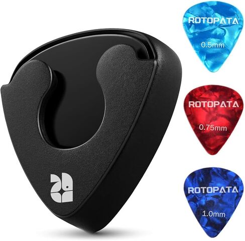 حامل اختيار جيتار ROTOPATA مع 15 قطعة من السيليلويد (5 × 0.5 مم، 5 × 0.75 مم، 5 × 1.0 مم) وصندوق تخزين شفاف، حقيبة اختيار جيتار سوداء مع لاصق، عالقة على الجيتار، كهربائي، صوتي، القيثارة، الجهير in Kuwait
