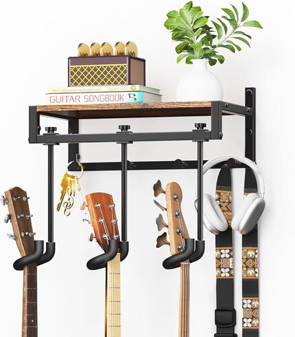 شماعات تثبيت على جدار الجيتار، 3 حوامل جيتار قابلة للتعديل، شماعات حائط جيتار مع رف، تصميم أمان معزز، ملاءمة عالمية لباس القيثارة الصوتية in Kuwait