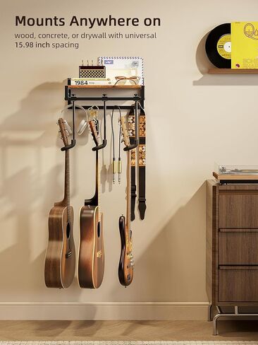 شماعات تثبيت على جدار الجيتار، 3 حوامل جيتار قابلة للتعديل، شماعات حائط جيتار مع رف، تصميم أمان معزز، ملاءمة عالمية لباس القيثارة الصوتية in Kuwait