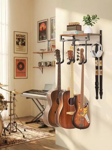 شماعات تثبيت على جدار الجيتار، 3 حوامل جيتار قابلة للتعديل، شماعات حائط جيتار مع رف، تصميم أمان معزز، ملاءمة عالمية لباس القيثارة الصوتية in Kuwait