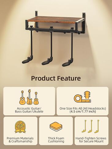 شماعات تثبيت على جدار الجيتار، 3 حوامل جيتار قابلة للتعديل، شماعات حائط جيتار مع رف، تصميم أمان معزز، ملاءمة عالمية لباس القيثارة الصوتية in Kuwait