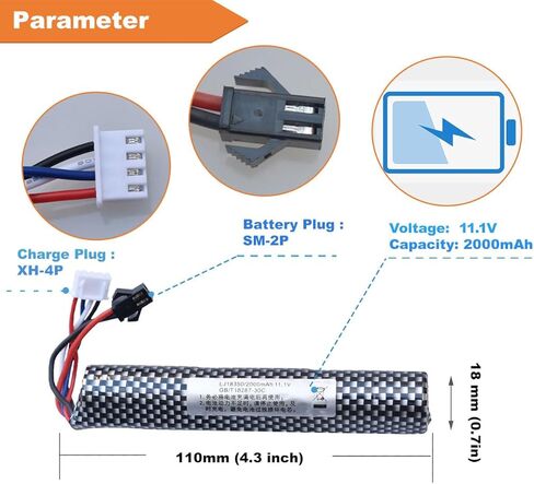 Water Bead Gel Ball Blaster 11.1V 2000mAh Rechargeable Battery SM2P Plug with Charging Cable, Airsoft Battery 11.1V for Airsoft Gel Ball Blaster(2-Pack) in Kuwait