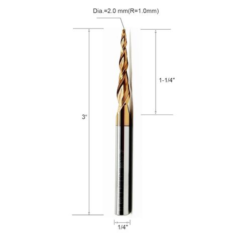 مطحنة نهاية كروية مدببة - ساق 1/4 بوصة، الطول الإجمالي 3 بوصة، قطر الطرف 2.0 مم (نصف القطر R1.0)، 3.92 درجة لكل زاوية جانبية - لقمة النقش والنحت باستخدام الحاسب الآلي، مطلية بـ ALTIN in Kuwait