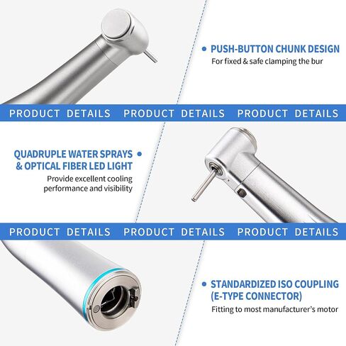 4E 4E's USA Electric 1:1 Low Speed Handpiece: Contra Angle | Fiber-Optic LED Light | E-Type Connector & Inner Water Spray | Max. Speed 40,000 RPM | ø2.35mm CA Burs Supported | 510(K) Approved in Kuwait