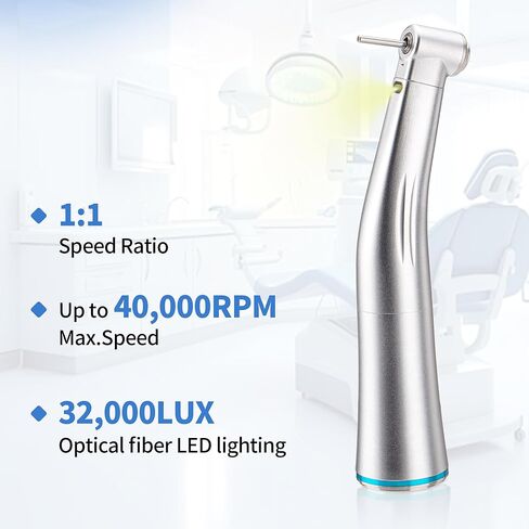 4E 4E's USA Electric 1:1 Low Speed Handpiece: Contra Angle | Fiber-Optic LED Light | E-Type Connector & Inner Water Spray | Max. Speed 40,000 RPM | ø2.35mm CA Burs Supported | 510(K) Approved in Kuwait