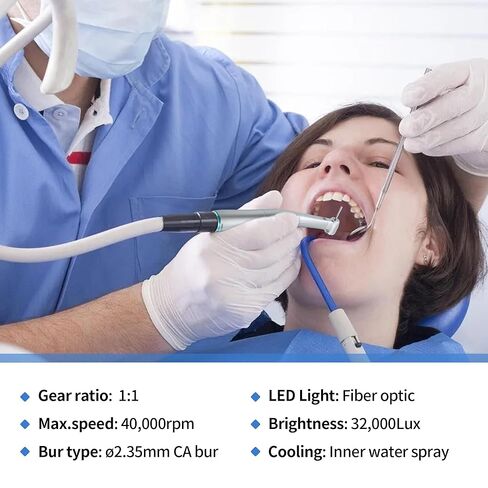 4E 4E's USA Electric 1:1 Low Speed Handpiece: Contra Angle | Fiber-Optic LED Light | E-Type Connector & Inner Water Spray | Max. Speed 40,000 RPM | ø2.35mm CA Burs Supported | 510(K) Approved in Kuwait