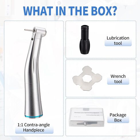 4E 4E's USA Electric 1:1 Low Speed Handpiece: Contra Angle | Fiber-Optic LED Light | E-Type Connector & Inner Water Spray | Max. Speed 40,000 RPM | ø2.35mm CA Burs Supported | 510(K) Approved in Kuwait