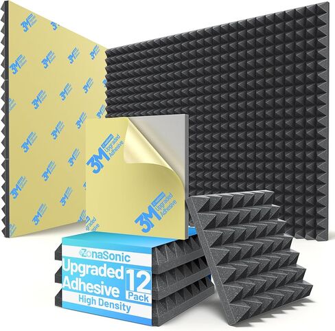 12 Pack Pyramid Sound Proof Foam Panels for Walls with Updated Self-Adhesive 2"X12"X12" High Density Acoustic Panels Sound Absorbing Fast-Expanding Soundproof Wall Panels for Gaming Studio Decor-Black in Kuwait