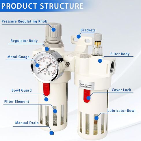 WeiTeng 1/2" NPT Compressed Air Filter Regulator Combo, 5 Micron Brass Filter, Semi-Auto Drain, Polycarbonate Bowl ，0-138 PSI Gauge,for Industrial Pneumatic Systems & Air Compressors in Kuwait