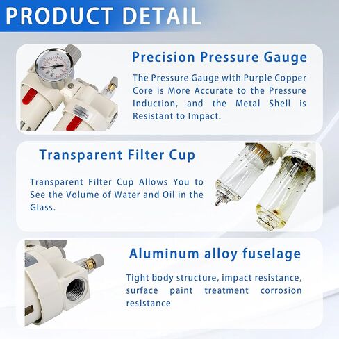 WeiTeng 1/2" NPT Compressed Air Filter Regulator Combo, 5 Micron Brass Filter, Semi-Auto Drain, Polycarbonate Bowl ，0-138 PSI Gauge,for Industrial Pneumatic Systems & Air Compressors in Kuwait
